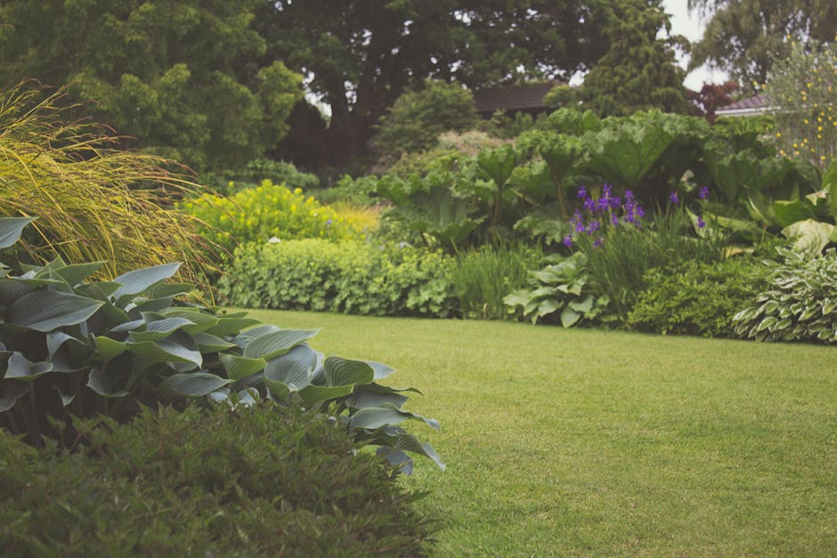 A well-maintained garden scene featuring a lush, neatly trimmed lawn with vibrant green grass in the foreground. Surrounding the lawn are various garden beds filled with an assortment of plants, inclu